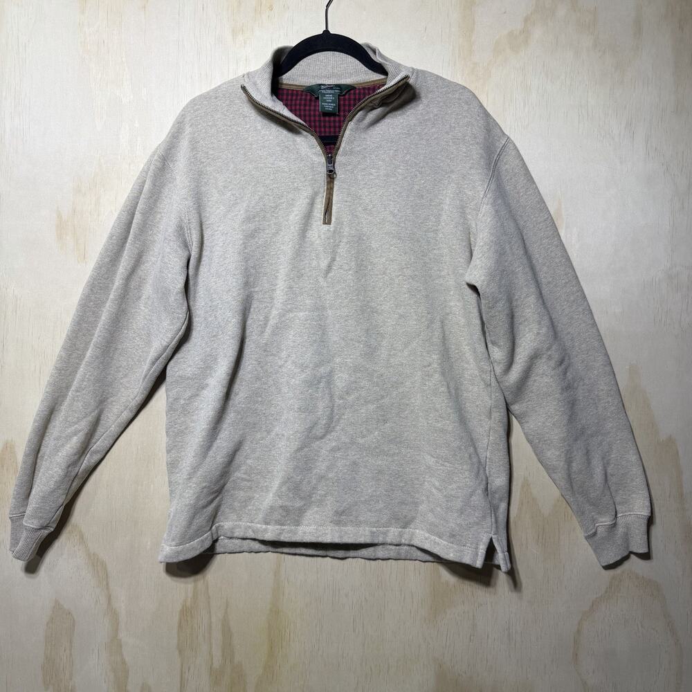 Woolrich 1/4 Zip Pullover Mens Medium Beige Sweatshirt Elbow Patch Casual